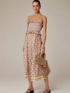 J. Crew Floral Strapless Smocked Midi Dress in Tan and White